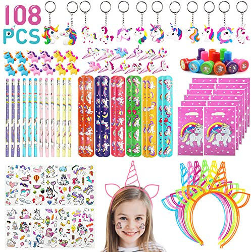 108 Stück Einhorn Deko Party Mitgebsel Kindergeburtstag Mädchen, Einhorn Geschenke für Mädchen Geburtstagsdeko mit Schlüsselanhänger Einhorn Haarspangen Stempel Tattoo for Einhorn Mitgebsel Spiele