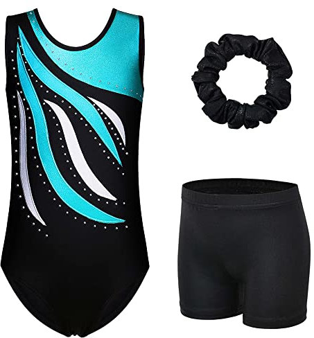 XFGIRLS Gymnastikanzug für Mädchen, langärmelig, glitzernd, ärmellos, für Mädchen, Ballett, Gymnastik, Shorts, 3–16 Jahre, Schwarz, Blau, ärmellos, 13-14 Years