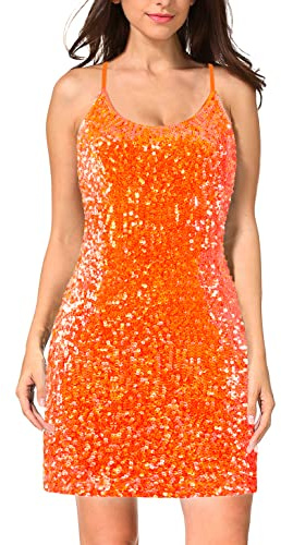 MANER Women's Glitter Sequin Dress Adjustable Spaghetti Strap Sparkle Party Dresses (Orange, Medium)