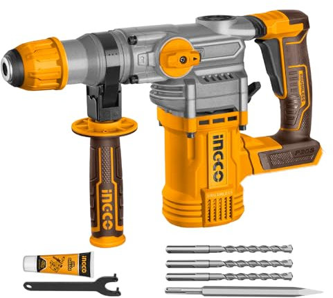 INGCO Cordless Rotary Hammer 28mm (Body Only) 20V Lithium-Ion Brushless Hammer 3IN1 Function Adjust Knob, 4.5J, 4400BPM, 3Pcs Drill Bits and 1Pcs Chisel CRHLI20288