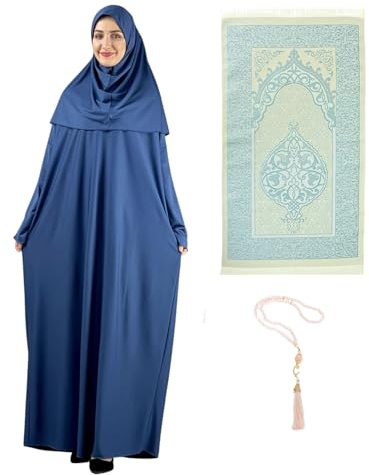 Prien Women Prayer Dress With Hijab Tasbih Muslim Set Islamic Clothes Abaya Jilbab Dubai Kaftan For Eid Ramadan (Indigo)