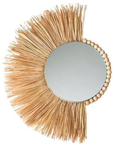 ulafbwur Specchio da appendere alla parete in paglia con perline di legno marocchino in acrilico, multifunzione, ornamento decorativo per camera da letto, decorazione da appendere