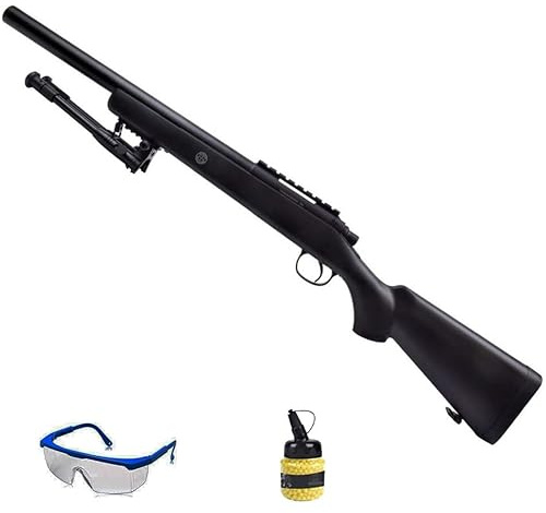 Well Sniper Fucile con bipiede Molla (6 mm) | Fucile Airsoft (palline in PVC) calibro 6 mm + biberon 1000 palline 0,12 g + occhiali di protezione.