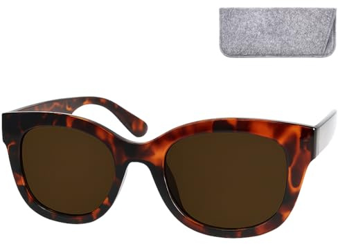 Retro solglasögon med styrka, tjock plastbåge (leopard brun) och stora linser, gratis fodral, stilfulla lässolglasögon för dam +1.0 dioptrier