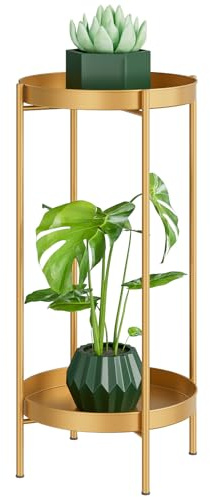 Pflanzenständer für den Innen- und Außenbereich – 2 Ebenen Übertopf aus Metall Tisch für Pflanzen hoch Organizer Sockel für Vasen Rostfreies Ausstellungsregal für Haus Garten Terrasse Balkon , Gold