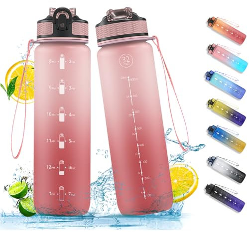 NAVTUE 1L Trinkflasche, Sport-Wasserflasche mit Strohhalm, Zeitmarkierungen, auslaufsicher, Tritan, BPA-frei, Wasserflasche für Schule Radfahren Laufen (Hellrosa)