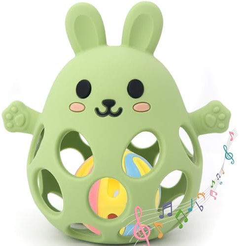 Greifball Für Babys-Verbesserter Rasselball Montessori Spielzeug Baby Zahnungshilfe-BPA Frei Beißspielzeug Baby Geschenk Für Von 3-18 Monaten (Olivgrün, Hase)