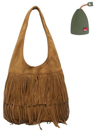 RICOKJRDE Sac Hobo en Daim à Franges pour Femme avec Pompon, Sac à Bandoulière avec Pompon, Sac à Main Bohème, Sac à Bandoulière De Grande Capacité pour Le Travail Et Les Loisirs (Brown)