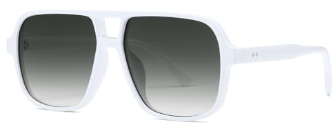Long Keeper Occhiali da Sole Pilot Vintage Occhiali da Sole Quadrati da Donna Uomo Occhiali Doppio Ponte Retrò Occhiali da Guida Pilota UV400 (Montatura Bianca - Lente Grigio Sfumato)