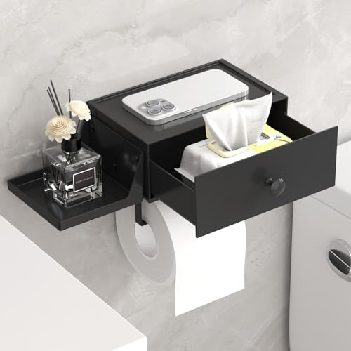 Lifewit Plástico Portarrollos con Estante y Cajón de Pared Atornillado o Adhesivo, Caja Dispensadora de Toallitas Húmedas para Baño, Resistente al Polvo y Apta para el Inodoro, Negro, 1 Paquete
