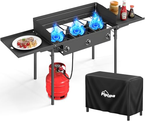 3 Burner Propane Camp Stove | 225,000 BTU Gas Burners | Side Shelves | Windscreen | Waterproof Cover | Detachable Legs | Ideal for Camping Backyard Outdoor Cooking