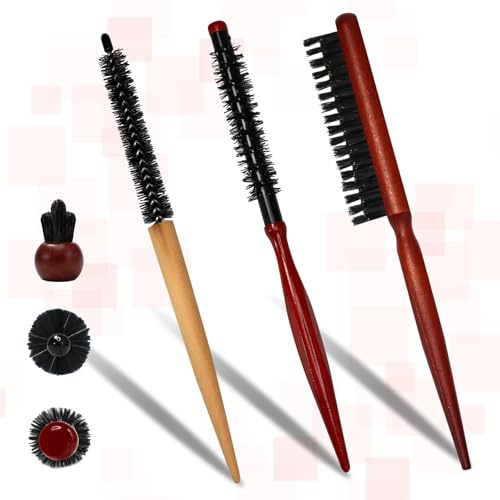 Lot de 3 brosses de coiffage professionnelles fines en bois - Mini rouleau rond en bois - Brosse à cheveux Quiff Roller - Brosse à cheveux pour femme - Brosse à poils pour repousser les cheveux