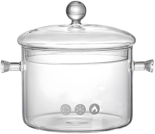 Olla de vidrio resistente al calor de 1,9 L con tapa, olla para cocinar a fuego lento, vidrio de borosilicato para una cocción versátil
