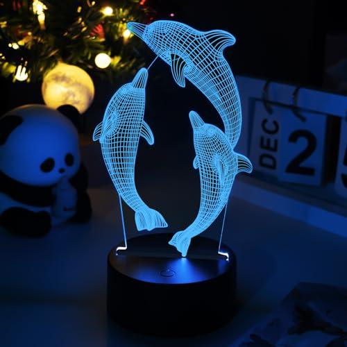 Fanimyholy Lampe Dauphin, 3D Veilleuse Dauphin pour Enfant, Illusion 3D Lampe Dau-phin Jouant dans l'eau, 16 Couleurs au Choix, Alimentation par USB ou Batterie, Interrupteur Tactile, Cadeau Surprise