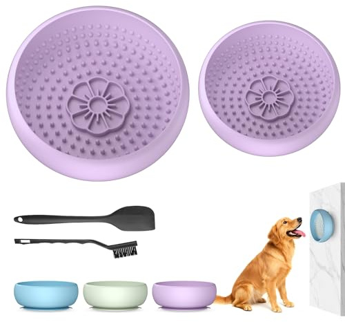 Pawinner 2PCS 2-In-1 Dog Bowl+Lick Mat for Food/Yogurt, Non-Slip Lick Bowl, Anxiety Relief, Freeze Licking Puzzle Feeder for Distraction/Bath/Groom/Train, BPA Free Silicone, 2 Size Cups Purple