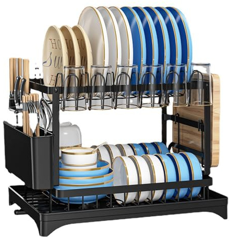 Rynza Escurridor de Platos – Escurridor de Platos de Acero al Carbono de 2 Niveles con Boquilla giratoria, Tabla de Drenaje, Soporte para Cuchillos, Tabla de Cortar y Estante para Tazas