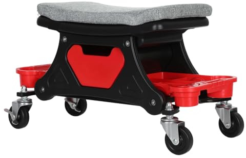 Fogmiea Taburete de taller con ruedas, 640 × 320 × 355 mm, para taller, asiento con ruedas, 185 kg, taburete de garaje con estantes y palés, móvil