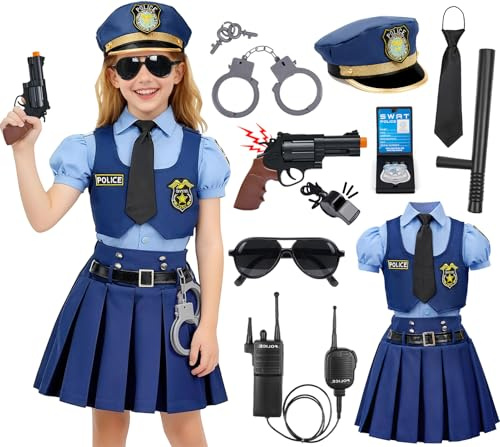 G.C Costume Polizia Bambini con Vestito Carnevale Bambina Walkie Talkie Cappello Manette Occhiali da Sole Poliziotta Giocattolo Accessori Ideale per Halloween Cosplay e Party (120, 6-7 Anni)