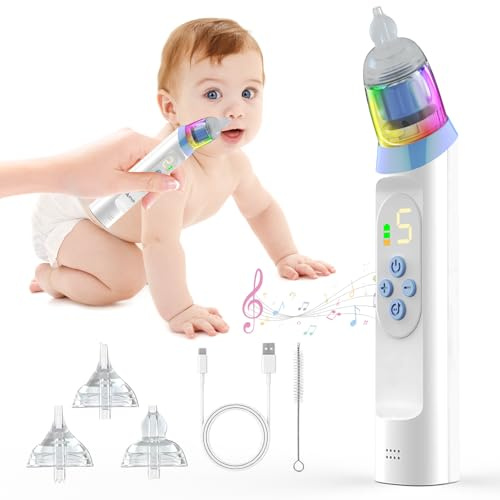 Nasal Aspirator Baby with Soothing Music & Light - Electric Rechargeable Nose Suckers Cleaner for Toddler and Children, 5 Adjustable Suction Levels, 3 Soft Silicone Tips, Gentle Remove Nasal Mucus