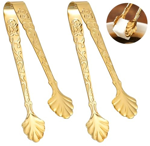 Classicseali 2 Stück Sugar Cube Tongs, 9.5cm Lang Zuckerzange Gold Klein, Edelstahl Eiswürfelzange, Vintage Rose Zange Candybar, Gebäckzange für Hochzeiten, Partys, Restaurants, Cafés und Bars