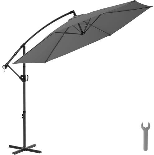tectake® Ombrellone da Giardino 3x3 m, Ombrellone a Braccio Girevole 360°, Protezione UV 50+, Idrorepellente, Inclinabile, Base in Acciaio a Croce, Manovella, Arredamento Giardino - Grigio