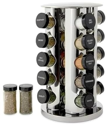 Kamenstein 20-Jar Countertop Rack Tower Organizer with Free Spice Refills for 5 Years, Polished Stainless Steel with Black Caps