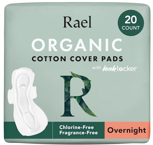Rael Organic Cotton Cover Sanitary Towels - Heavy Absorbency for Night, Ultra Thin Period Pads with Wings for Women, Unscented, Hypoallergenic, Vegan (Overnight, 20 Count)
