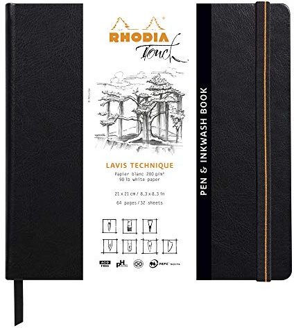 RHODIA TOUCH 116127C - Rigid Pen&Inkwash Book 21x21 cm - 64 pages - Clairefontaine Paper Lavis Technique Uni Blanc 200 g/m - for Drawing in Pencil, Felt Pen, Charcoal, Gouache, Ink