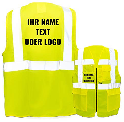 Warnweste mit Reißverschluss und Taschen * Druck auf Rücken + Front/Standard-Druck * Farbe & Größe: Gelb/Größe 3XL * Aufdruck selbst gestalten * Bedruckt mit Design Foto Text Logo
