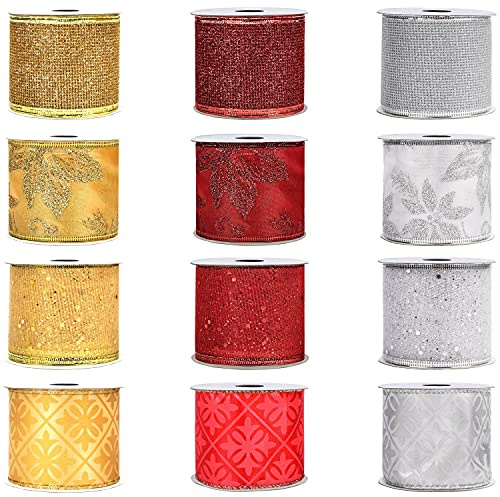 Belle Vous Weihnachtsband (12er-Pack) – 2,74 m x 63 mm breit, verdrahtet, goldfarben, silberfarben, rot, Organzaband in verschiedenen Designs – dekorative Baumbänder für Weihnachtsbaumdekoration