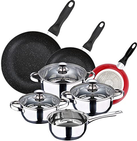 San Ignacio PACK DE 3 SARTENES diámetro 16CM diámetro 20CM diámetro 24CM + BATERÍA DE COCINA DE 7 PIEZAS EN ACERO INOXIDABLE, Negro/Cromado, PK4818