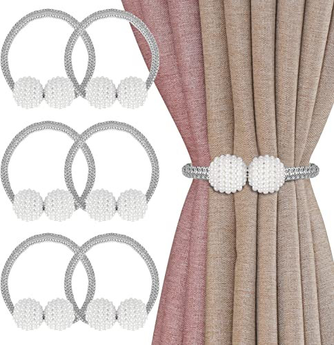 Senbaler 6 Stück Magnetische Vorhang Raffhalter mit Perlen,Vorhanghalter Seil,Duschvorhang Rückhalter,Dekoration für Home Office Hotel (Grau)
