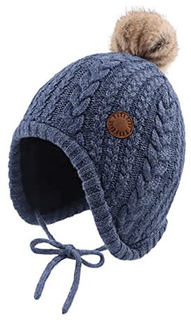 XIAOHAWANG Vintermössa för baby pojkar sammet foder småbarn barn mössa öronlapp varm baby hattar för flickor med pompom, Jean Blue, 6-18 Månader