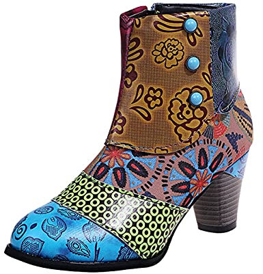BIISDOST Botines retro para mujer con tacón, botas de tobillo estilo étnico, medias botas de tacón cuadrado, botas de invierno, botas de vaquero, tacones y tacón grueso, botas de invierno, multicolor,
