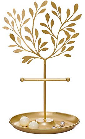 porte bijoux femme Arbre à bijoux en métal doré, décoration de dessus de table, support de boucles d'oreilles/Bracelets, organisateur de colliers, tour d'exposition avec plateau rond Presentoir bijoux