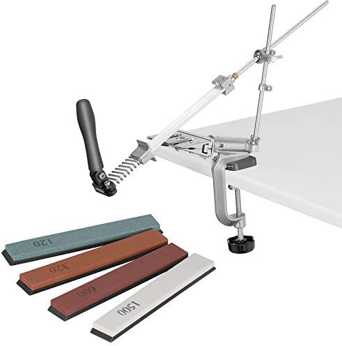 MusyVocay Affilacoltelli professionale con 4 mole, affilacoltelli ad angolo fisso con rotazione, set di utensili per affilatura manuale della cucina