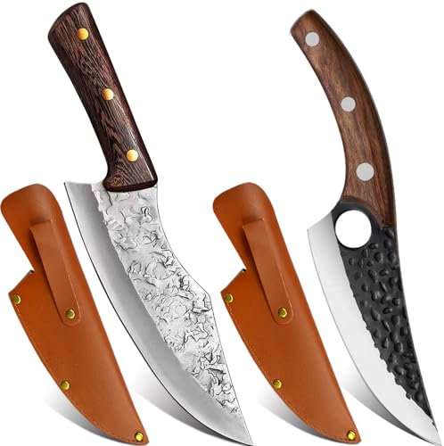 COOSNUG 2in1 Outdoor-Messer Hackmesser Küchenmesser mit Lederhülle Handgeschmiedete Ausbeinmesser Kochmesser Profi Wikinger Messer Japanisches Metzgermesser für Küche Grillmesser