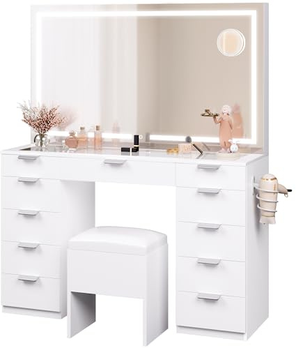 YITAHOME Sminkbord med LED-belysning, 3 färger med justerbar ljusstyrka, toalettbord med spegel för make-up, sminkbord med uttag, 11 lådor, modern, vit