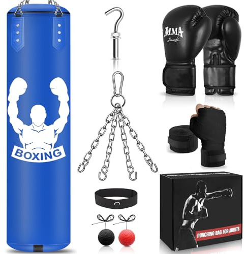 NZQXJXZ Sac de Frappe Suspendu 120cm - Équipement d'Entraînement de Boxe Non-Rempli avec Balle Réflexe, Gants MMA, Bracelet - Set pour Karaté, Kickboxing, Muay Thai
