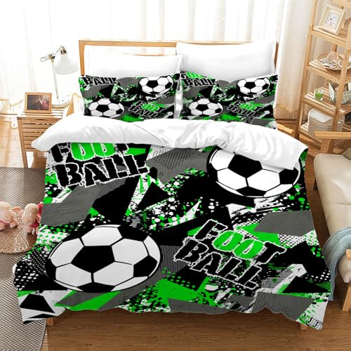 BNREDA Housse de Couette Football 220x240cm,Doux et Confortable Parure de lit Football, pour Adultes et Enfants avec 2 Taies d'oreiller 50x75cm (B, 220x240cm)