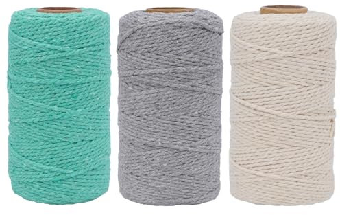 FOGAWA 3 Rollen Makramee Garn 2mm x 100m Makramee Garn Set Baumwolle Makramee Schnur Baumwollgarn Baumwollseil Bastelschnur für Wandbehang, DIY Pflanzenaufhänger, Traumfänger (Grau, Beige, Hellblau)