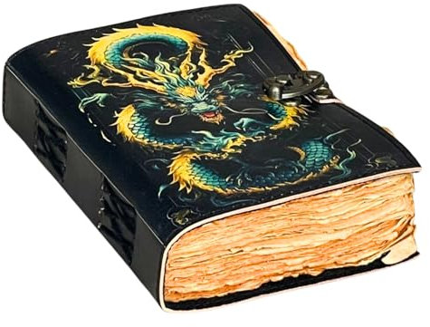 The Arcane Dragon – Handgefertigtes antikes Büttenrand-Papier-Leder-Tagebuch mit geprägtem Dracheneinband & Schlossverschluss – Vintage-Schreibtagebuch, Fantasy-Zauberbuch, Skizzenbuch, Geschenk für