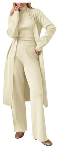 2025 - Primavera Otoño 3 Piezas Mujeres Cardigan Chándales Pantalones de Punto Conjunto de Suéter Traje Moda 3 Piezas Conjunto de Mujer Elegante Gordito, beige, Talla única
