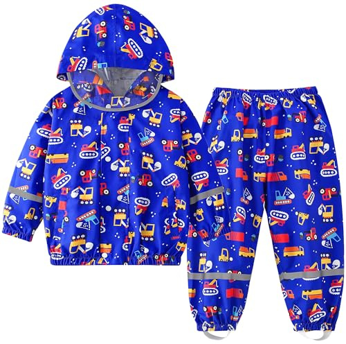 Fewlby Impermeable Niños, Abrigos Impermeables & Pantalones Conjunto de 2 Piezas Chubasquero, Niñas Chaqueta de Lluvia con Capucha Pantalones Impermeables Reutilizable para 1-7 Años