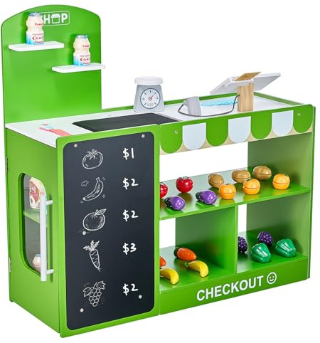 VEVOR Supermarché Enfant, 81,5 x 30,7 x 85 cm, Marchande Enfants, Jeu d'Épicerie, Magasin MDF avec Sac de Courses, Tapis Roulant, Scanner, Caisse Enregistreuse, pour Garçons et Filles de 3 Ans et Plus