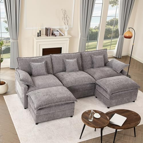 Litbird Canapé d’Angle Modulable en U 274 cm – 3 Places avec Repose-Pieds Amovible – Canapé Profond pour Salon, Meuble de Salon Moderne (Gris)