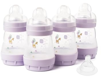 MAM Easy Start Anti-Colic Baby Bottles | 4 Pack (4X 160ml) | Self-Sterilising Baby Milk Bottle | Slow Flow MAM Teats Size 1 + 1x Medium Flow Teat Size 2 | Iris (Various Designs)