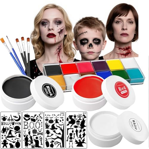 JOYTIX®Kit Peinture Visage Corps 12 Couleurs avec 4 Po-choirs Réutilisables à Découpes | Maquillage Halloween Non Toxique Lavable pour Enfants Adultes | DIY Art Painture Visage pour Fête(Set C)