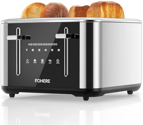 Toaster 4 Scheiben, 1600W Intelligente Edelstahl Toaster, 6 Farbeinstellungen, Voll Touchscreen Bedienung, Extra breiter 1.57 Zoll Schlitz, mit Digitaler Zeitschaltuhr, Krümelschublade, Silber