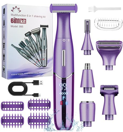 Yalitrca 6 in 1 Lady Shavers for Women, Bikini Trimmer, Rechargeable Womens Face Shaver, Dry and Wet Use, Womens Shaver for Arms, Face, Body, Nose Hair, and Leg Hair, Purple